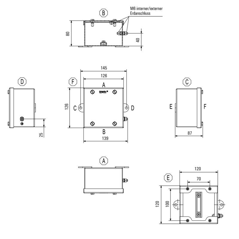 Boîtier métallique Ex, 120 x 120 x 80 mm, électropoli, Plaque de presse-étoupes: